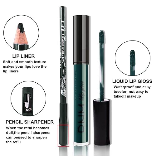 Miniatura 3 de evpct Juego de 2 lápices labiales y delineador de labios color verde oscuro mate, juego de maquillaje DNM mate mate líquido de larga duración 24