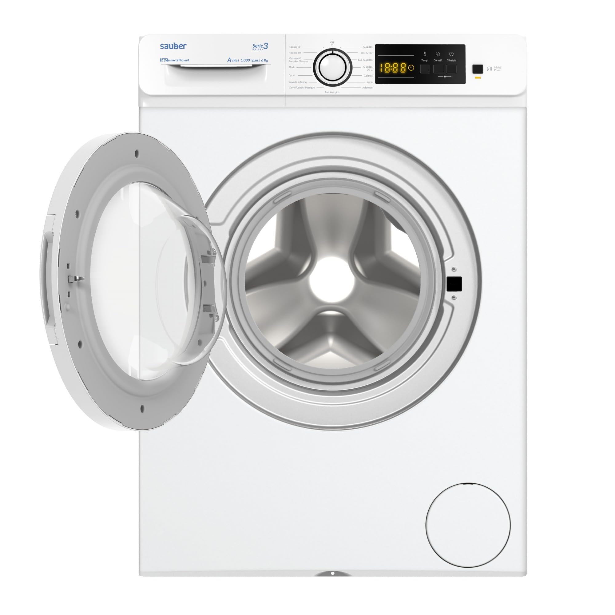 Sauber, Lavadora 6 Kg de carga frontal SERIE 3-W6105V, 1000 RPM, A, Programa Extra Rápido 15 minutos, 15 Programas, Detección de carga, Bajo Consumo, Color Blanco, CON INSTALACIÓN Y RETIRADA USADA