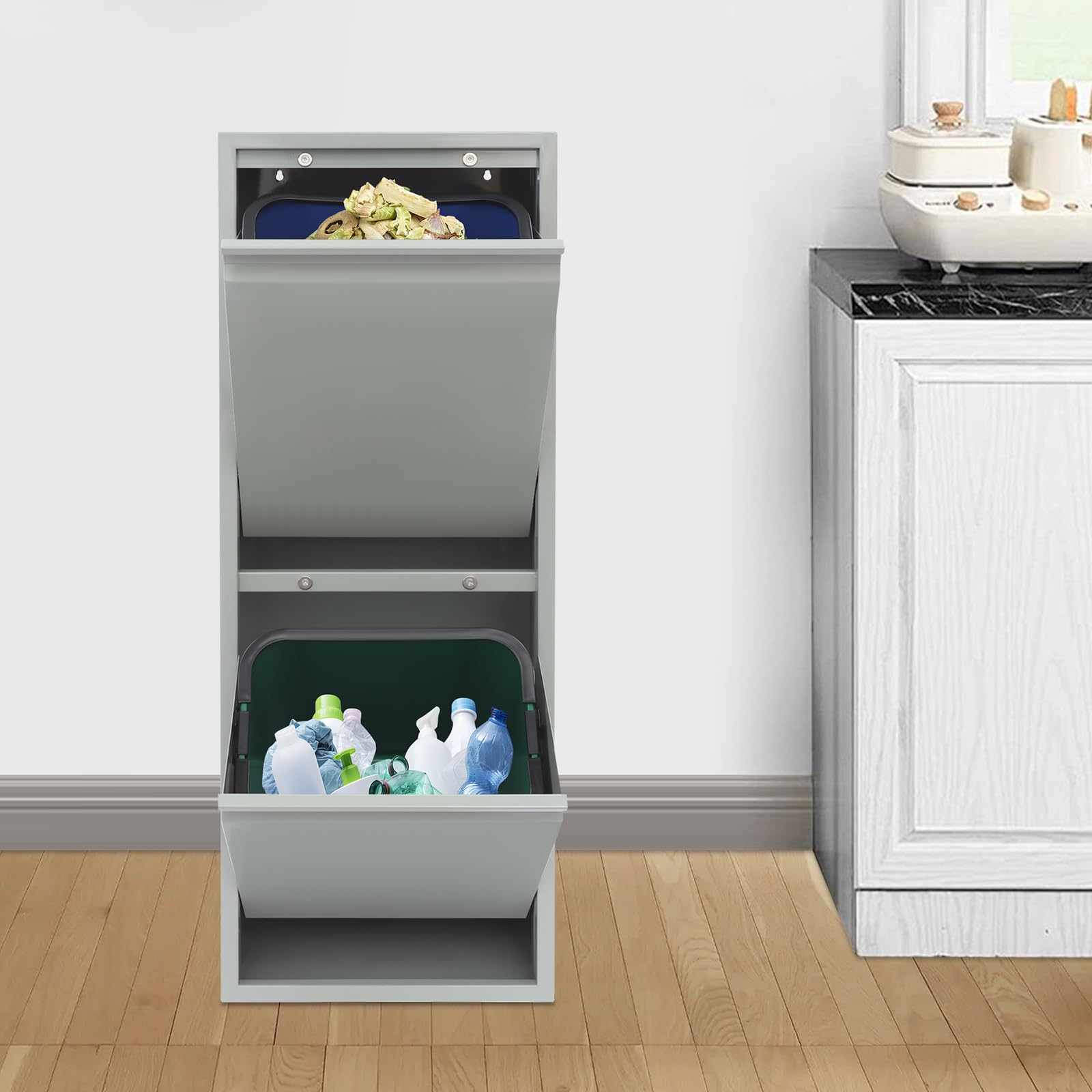 Mülleimer 2 Fächer Wandmontage Abfalleimer Mülleimer Schrank Mülltrennsystem Küchenmülleimer mit Herausnehmbarer Müllschrank für Küche, Wohnung, Büro, 33 x 25 x 92 cm (Grau)