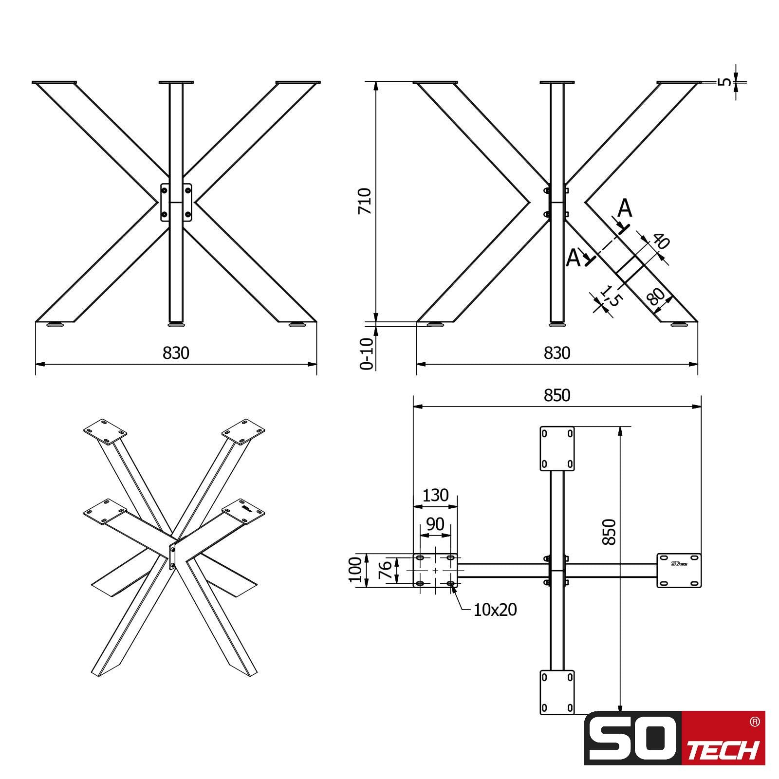 SOTECH Châssis de Table Spider/Pieds de Table en Acier Lourd à l'aspect Vintage/Montage Facile/Patins de Table pour Les projets de Bricolage Tables à Manger 710 x 850 x 850 mm
