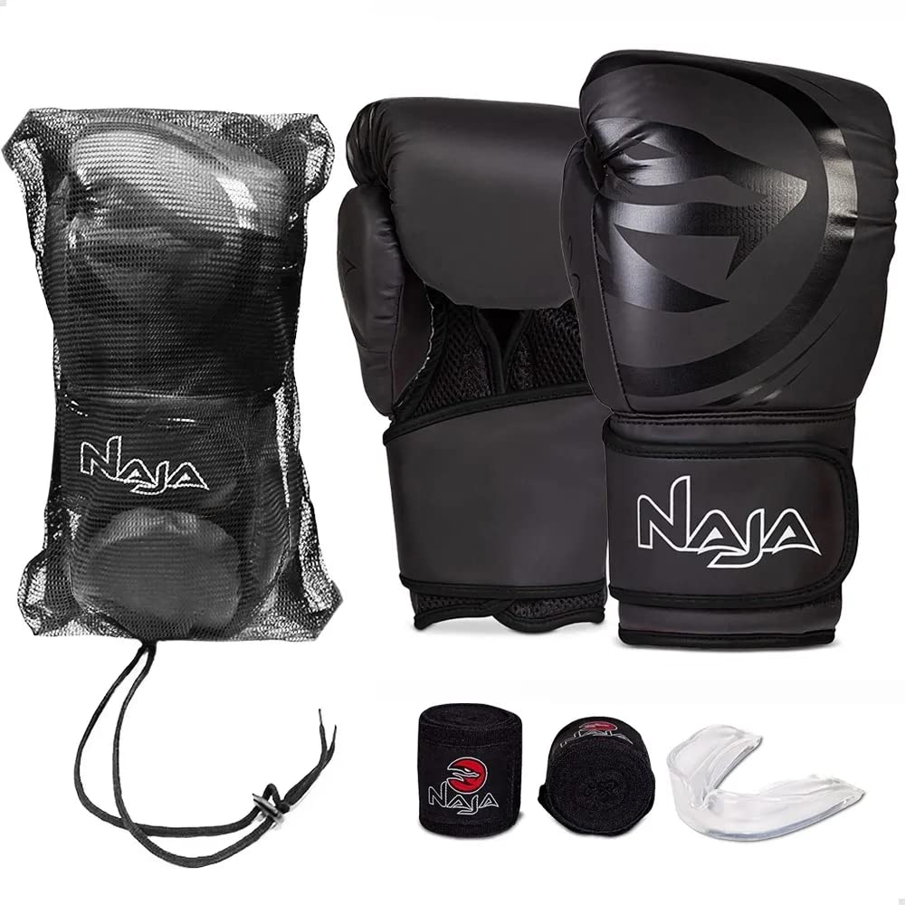 Luva de Boxe e Muay Thai Naja Black Line + Bandagem + Protetor Bucal + Bolsa (14oz, Preto)