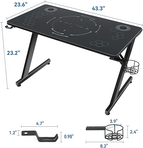 Miniatura 3 de ELECWISH S-001 - Escritorio para juegos con luces LED RGB, escritorio de escritorio de vidrio templado, mesa de juegos en forma de Z de 43.3