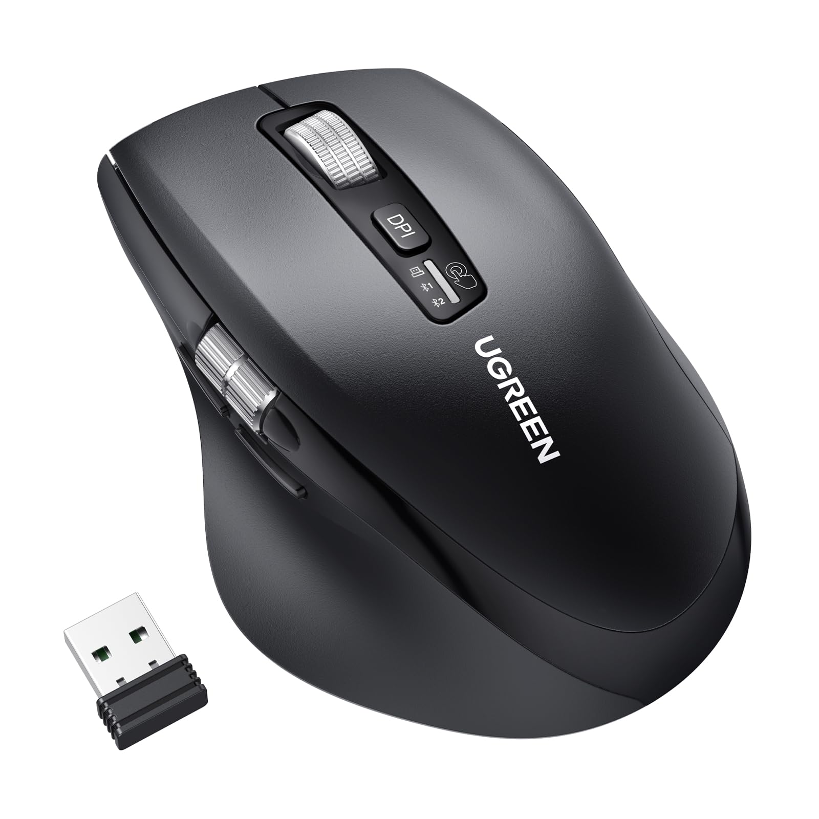 UGREEN 2.4G & Bluetooth Maus Kabellos mit Ultra-schnelles Scrollen, Ergonomische Maus mit 1000/1600/2400/3200/5000 DPI, Leiser klick, 10M Verbindung, kompatibel mit Windows, Linux, MacOS, An