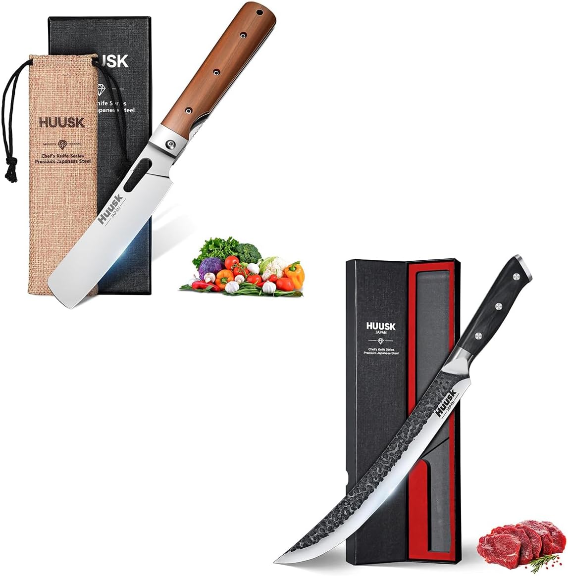 Huusk Butcher Knife for Meat Cutting, 10 Inch Brisket Knife Bundle with a Folding Nakiri Knife, Multifunction Carving Knives with Wood Handle, Japanese Slicing Knives for Meat Cutting, BBQ, Turkey