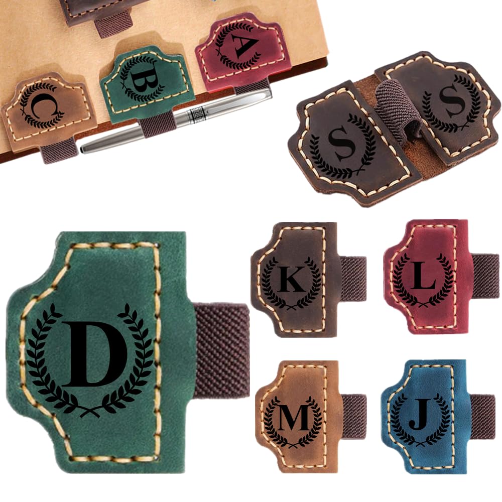 Custom Bookmark with Pen Holder with 26 Letters Personalized Magnetic Leather Book Mark, Customized Name Book Marker Clip with Initial for Men Women, Gifts for Book Lovers, Readers, (Green, D)