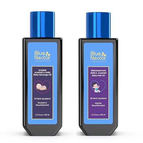 Blue Nectar Aceite de masaje para bebés y aceite para el cabello del bebé con ghee orgánico y aceite de almendras para cabello y cuero cabelludo