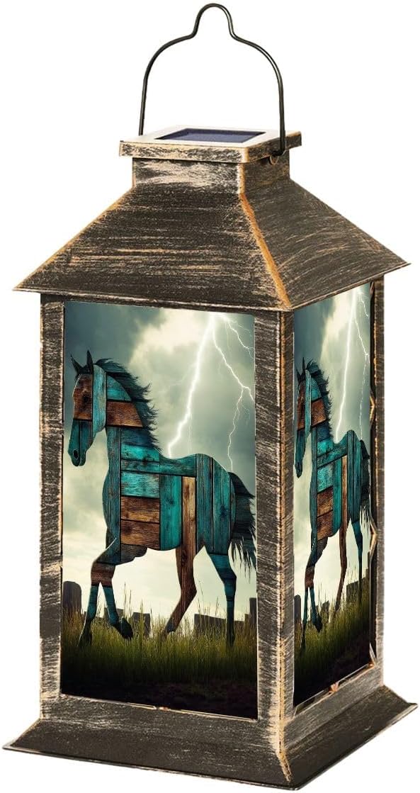 Solar Lights Outdoor Graceful Galloping Horse Art Against Powerful Stormy Sky Garden Hanging Solar Powered Lantern Waterproof Camping Tents Lantern for Patio Deck 1 Pack