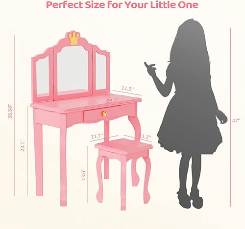 Miniatura 7 de JOYMOR Juego de tocador para niños con espejo tocador de maquillaje de princesa 2 en 1 y taburete con cajón mesa de tocador sólida para niños con