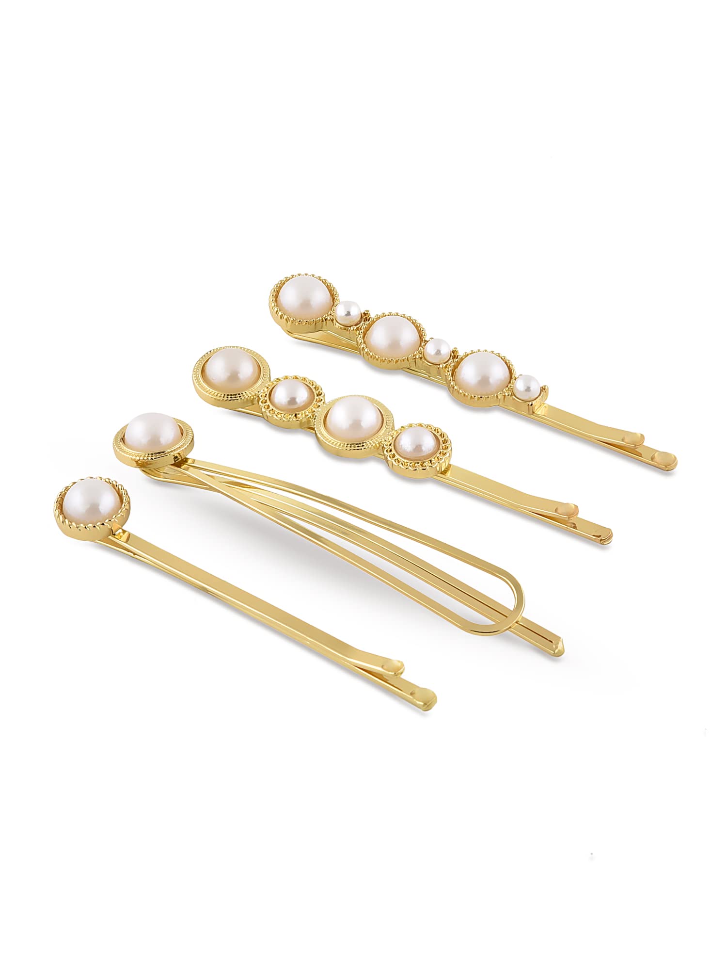 Gold Tone Set Of 4 Contemporary Pearls Hair Pins For Women-ZPFK14939