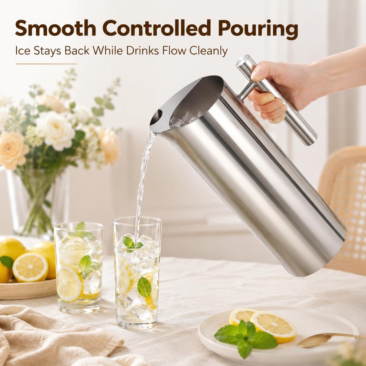 2L Stainless Steel Water Pitcher Set with Handle, Beveled Mouth Bar Mixing Jug, Large Capacity Juice Jug, Drink Jug for Tea, Coffee, Juice