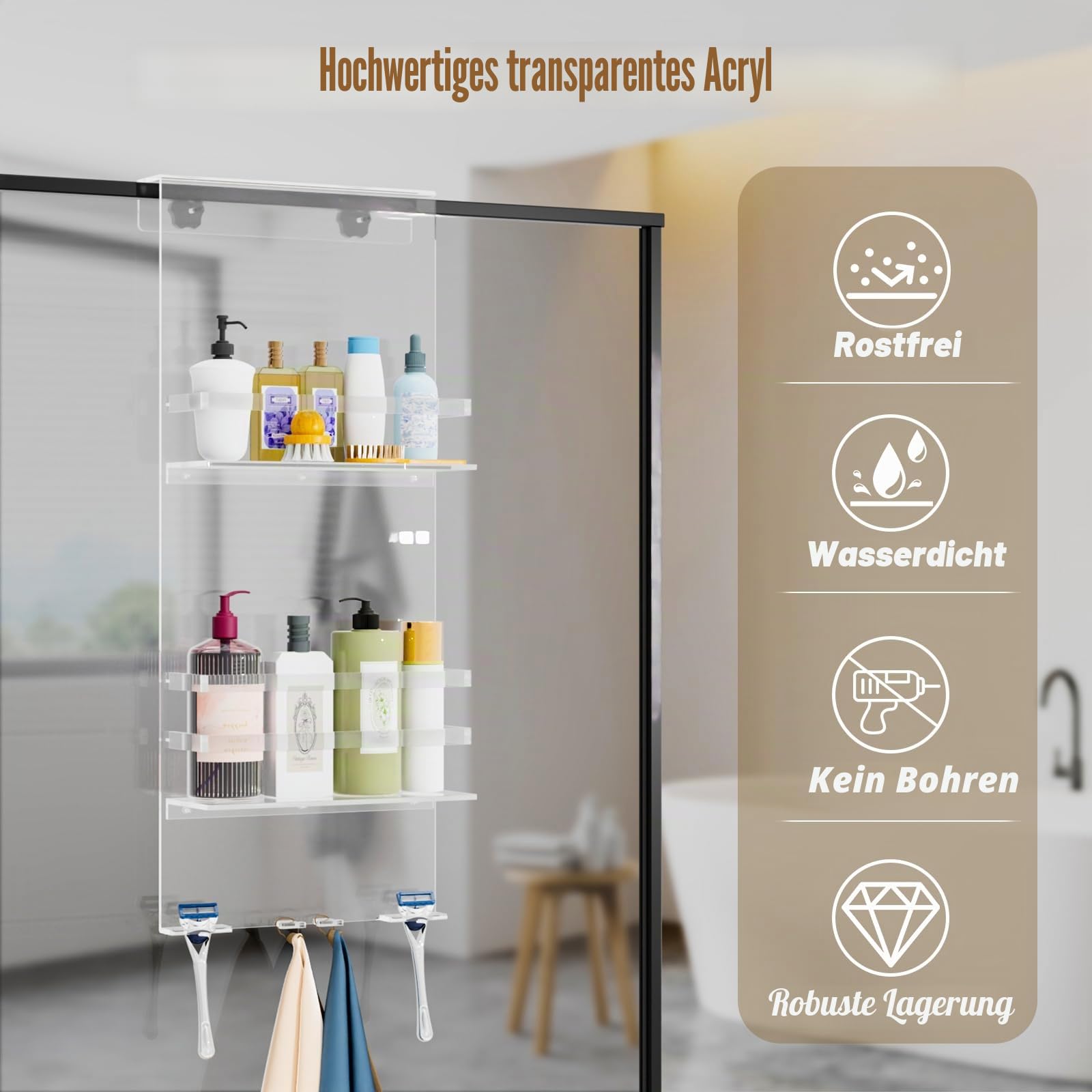 Nynelly Acryl Duschablage zum Hängen, Duschregal Ohne Bohren, Dusch Organizer über der Duschtür, Shampoo Duschgel Halterung für Dusche, Duschkorb zum Hängen mit Haken Hängendes Handtücher Rasiermesser Küche, Haushalt & Wohnen
