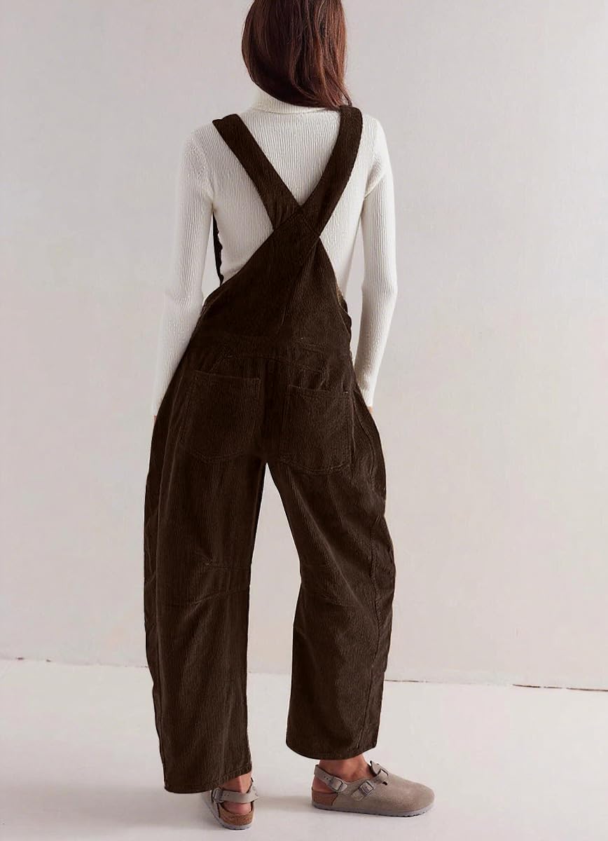 chouyatou Women's Fall Winter Corduroy Overalls Boyfriend Adjustable Strap Bib Jumpsuit Barrel Harem Pants