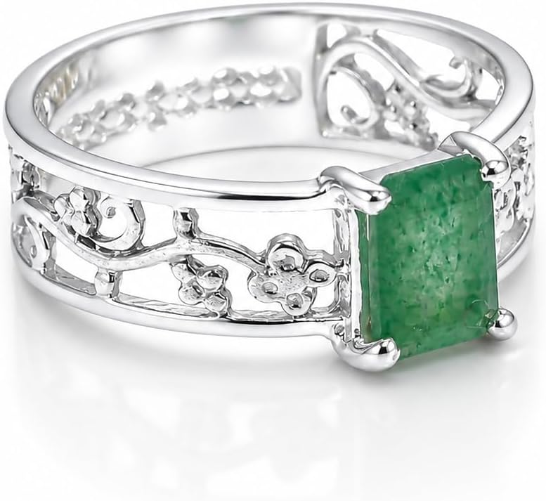 Natural Emerald Ring for Women in 925 Sterling Silver – Rectangular Green Gemstone Band – Handmade Vintage-Style Jewelry | Sizes 4-16 US