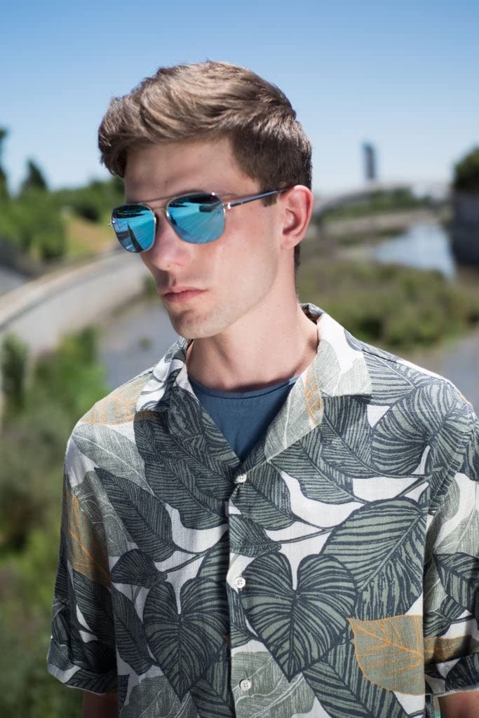 CLANDESTINE - Sonnenbrille B-Pilot 18 Silver Ice Blue - Blaue HD Nylon Gläser und Edelstahlrahmen - Sonnenbrille für Männer und Damen - Mit Smart Vision Technology - Bessere Sicht, Geringere Blendung