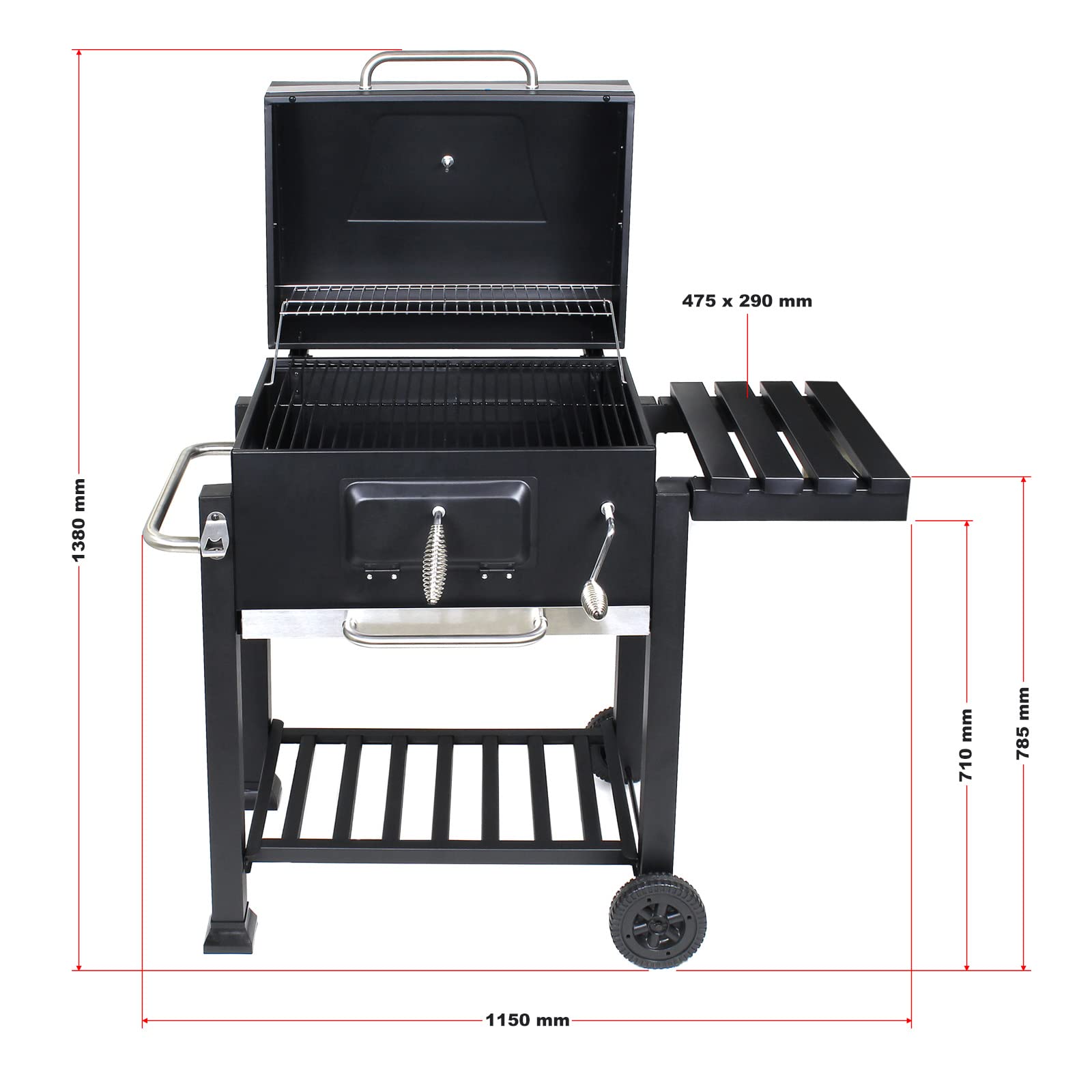 Wiltec Chariot Barbecue à Charbon 1130x475x 1000mm Clapet anti-feu Hauteur réglable Thermomètre Espaces rangement Ouvre-bouteille Grillade Jardin BBQ