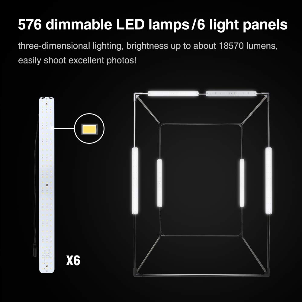 Kit de studio photo, portable, pliable, 140 x 120 x 100 cm, avec éclairage LED à 576 degrés à intensité variable et 3 arrière-plans de couleur pour la photographie