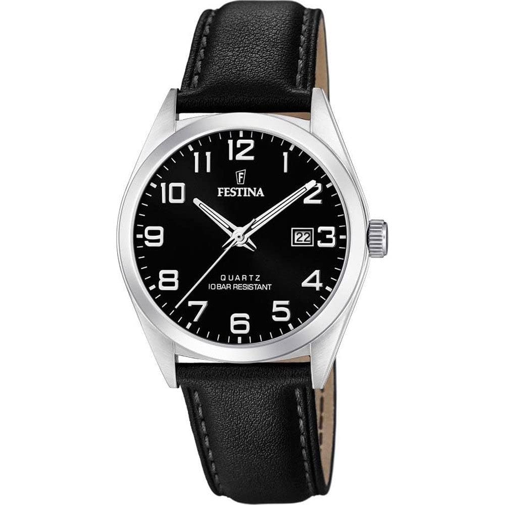 Festina Reloj Hombre F20446/3 Acero Clasico Caja de Acero Inoxidable 316l Plateado Correa de Cuero Negro