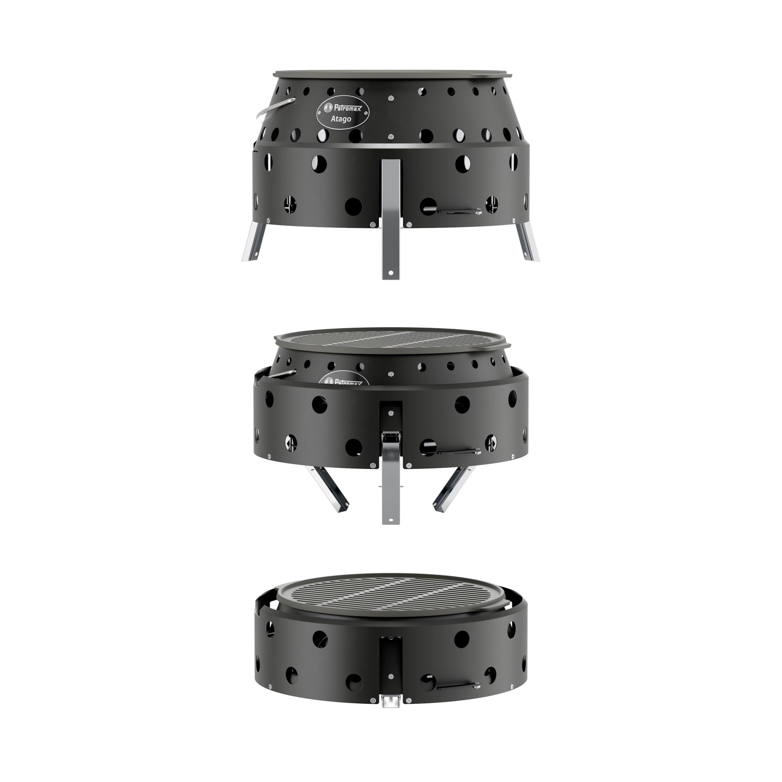 Petromax Atago Black Edition – 4-in-1 Mobiler Grill, Feuerschale, Ofen & Herd | In 2 Sek. einsatzbereit | Inkl. emailliertem Gussgrillrost | Klappbar & Ultramobil | Mattschwarz