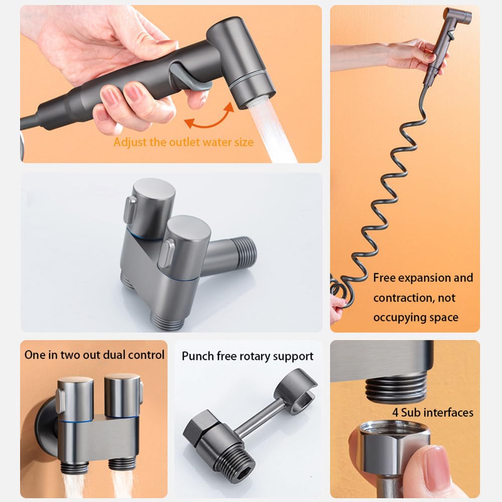 Juego de rociador de bidé para inodoro con válvula angular de aleación de zinc para montaje en pared, limpieza de agua de una entrada y dos salidas para accesorios de baño, juego plateado, como se mu