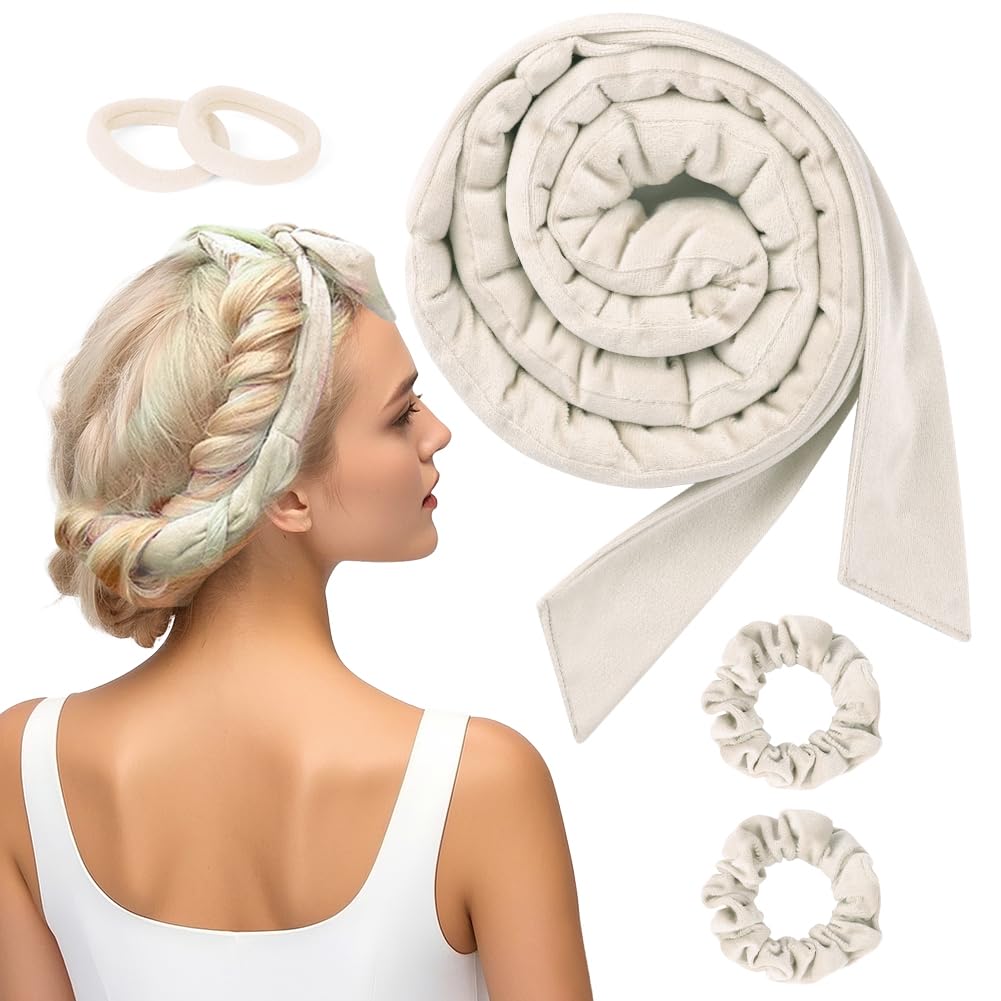 BUTBU 5 Stück Heatless Curls, Samt heatless curls Band, Hair Curler Overnight, Lockenwickler über Nacht, DIY Hair Curler Rollers Set, Locken Ohne Hitze Für Lange Haare (Beige)