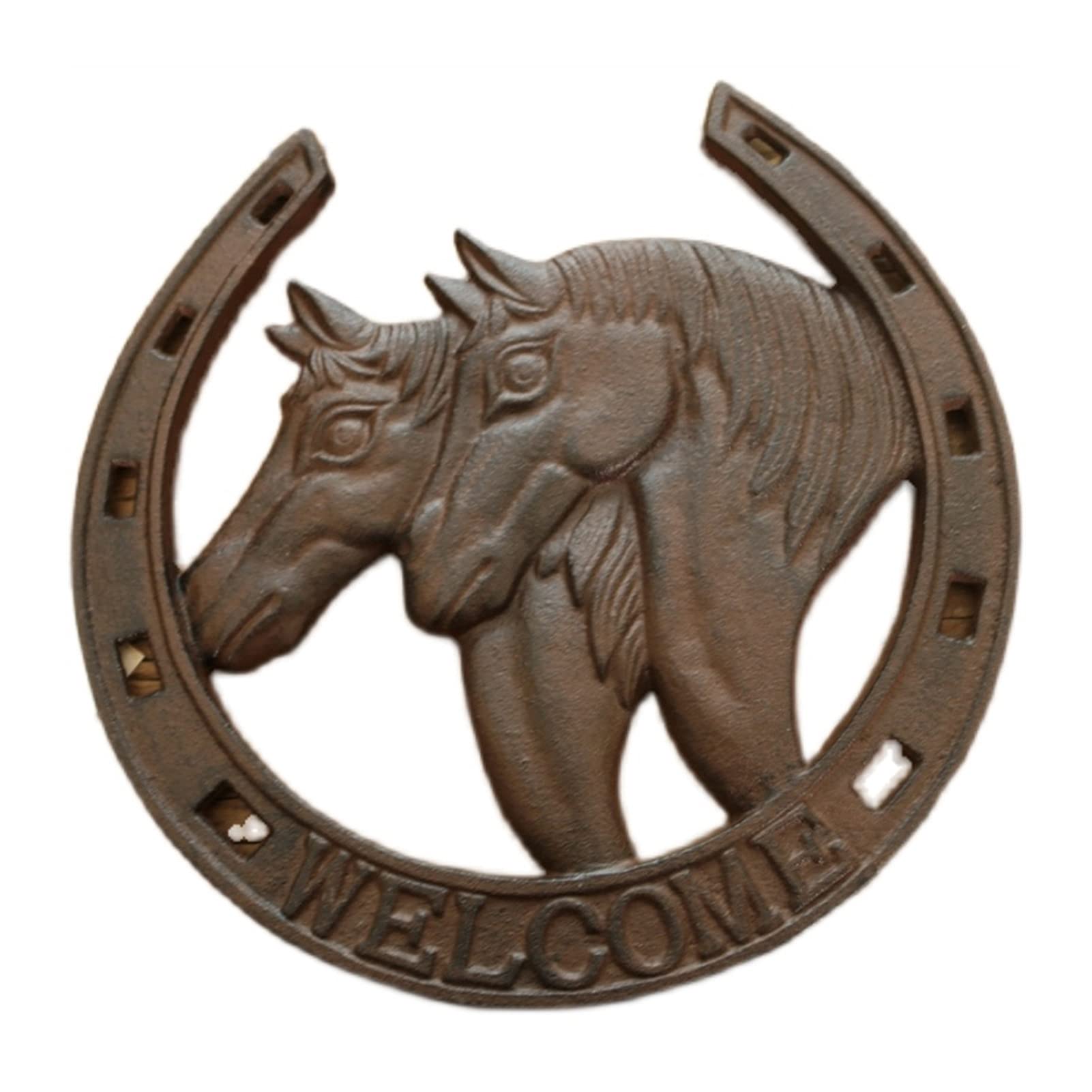 Bienvenida a Casa Montaje de pared de hierro fundido de la vendimia Signo de bienvenida con dos caballos Cabeza en el centro y carteles Circled Home Garden Decor Placas de metal Cartel De Bienvenida