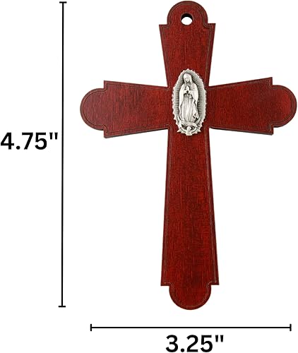 Miniatura 5 de Needzo Cruz de pared de madera con centro de mesa de peltre plateado virgen maría, pequeña decoración religiosa colgante para el hogar, 4.75