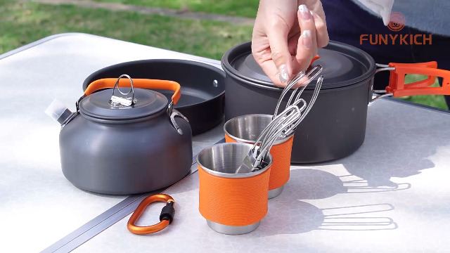 Set Pentole Da Campeggio FUNYKICH 17 Pezzi - Bollitore, Posate Pieghevoli, Acciaio Inox, Per Outdoor - Foto 5