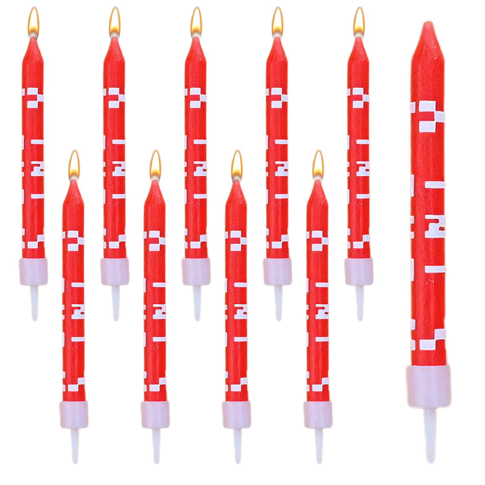 12 pcs Pixel Birthday Candles, Gaming Candle Cake Decorations, Long Thin Dynamite Candles, TNT Themed Birthday Candles Pixel Print Cake Toppers (Red)