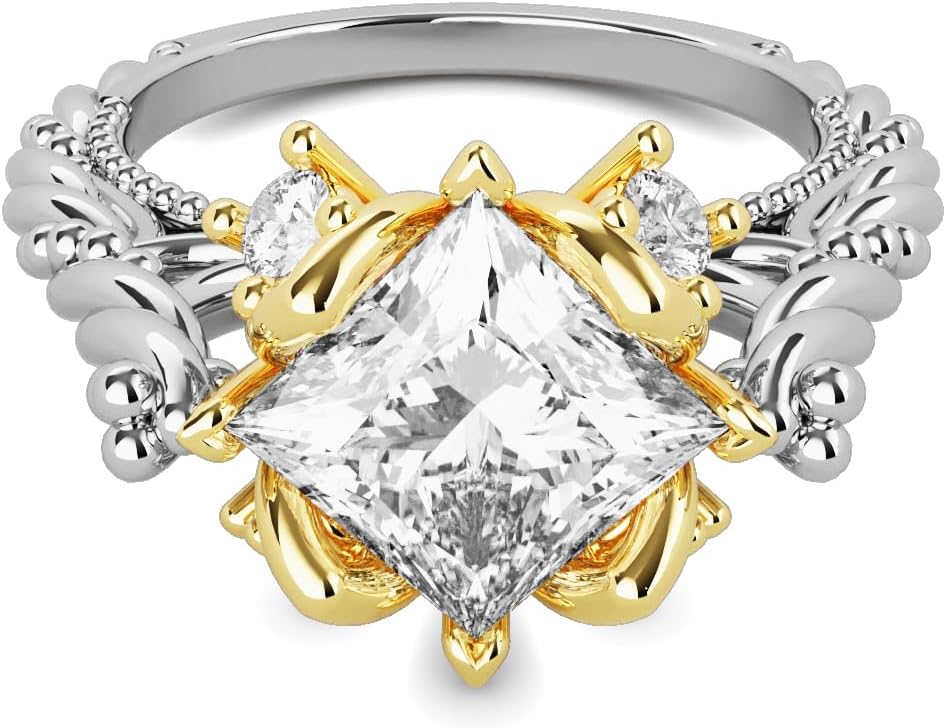 Catalejo 1.5 Ct Princess Cut Moissanite Engagement Rings For Women, Wedding Rings 14k Gold Vermeil, Gold Plated Sterling Silver Two Tones White Gold & Yellow Gold, Promise Rings For Her