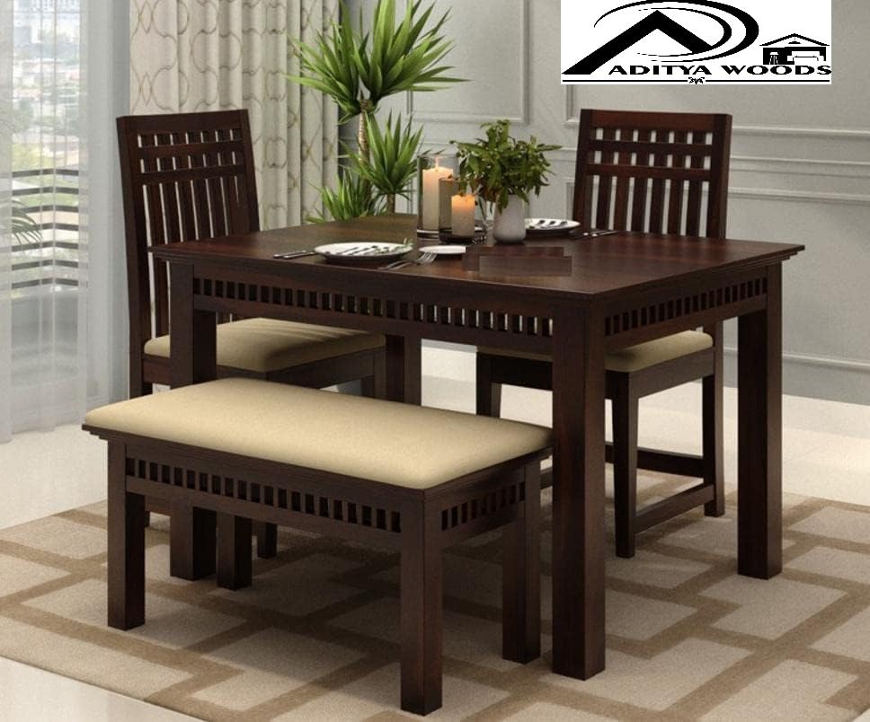Image of AADITYA WOODS Solid Sheesham Wood 4 Seater Dining Table Set with Chairs & Bench for Living Room Home | Wooden Table Set for Office Restaurant Modern Dining Room Set (ad-Walnut4sB)