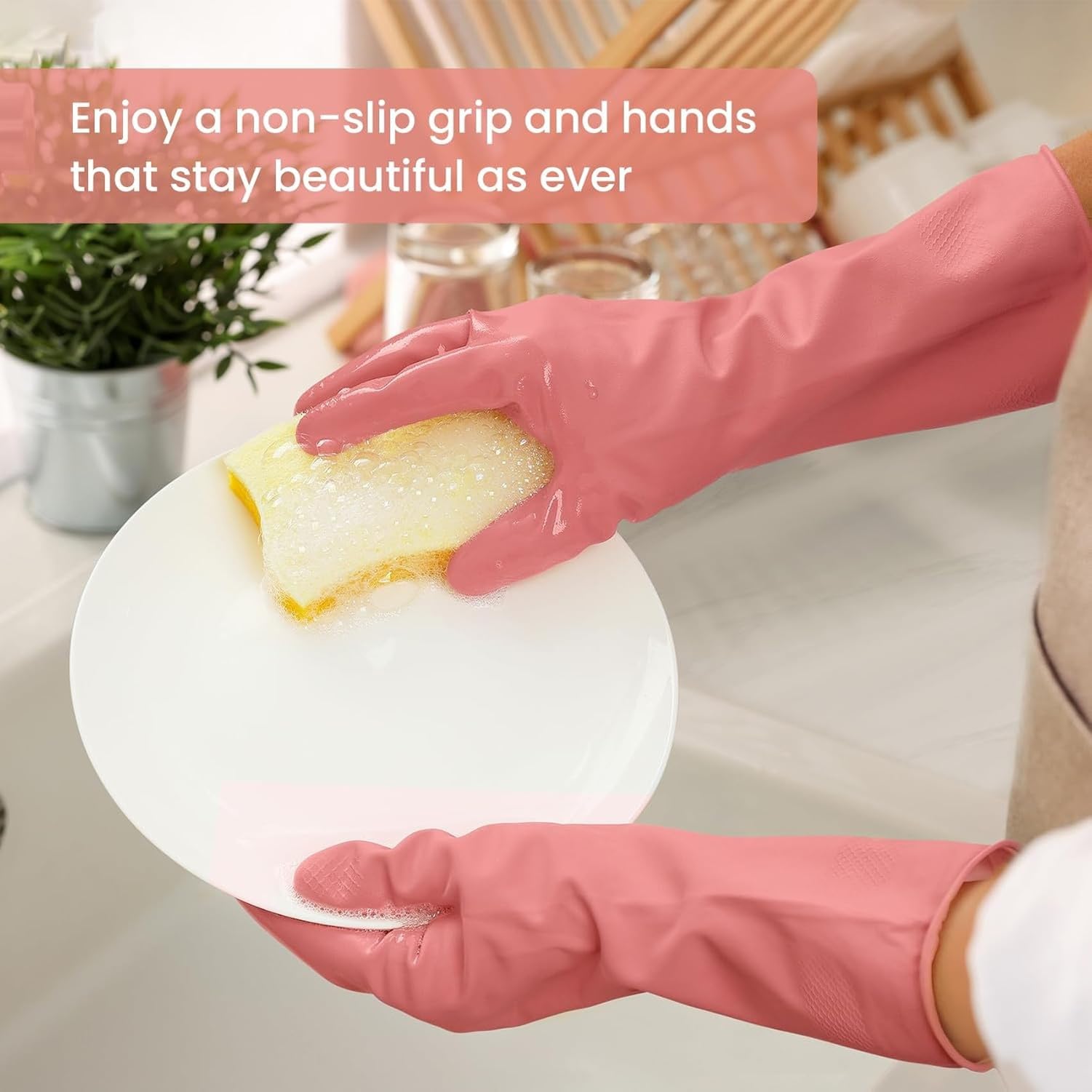Guanti per Lavare Piatti in Gomma, 4 Paia di Guanti da Cucina riutilizzabili per Pulizia stoviglie e faccende domestiche, Guanti Colorati con Rivestimento in FL, 1-Boho, M