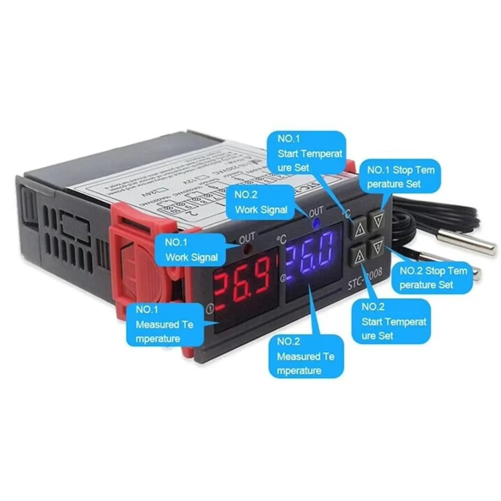 Podwójny termostat cyfrowy, regulator temperatury, przekaźnik inkubatora, 12/24 V, 220 V LED, ogrzewanie, chłodnica, podwójna sonda STC-3008 (DC12V)