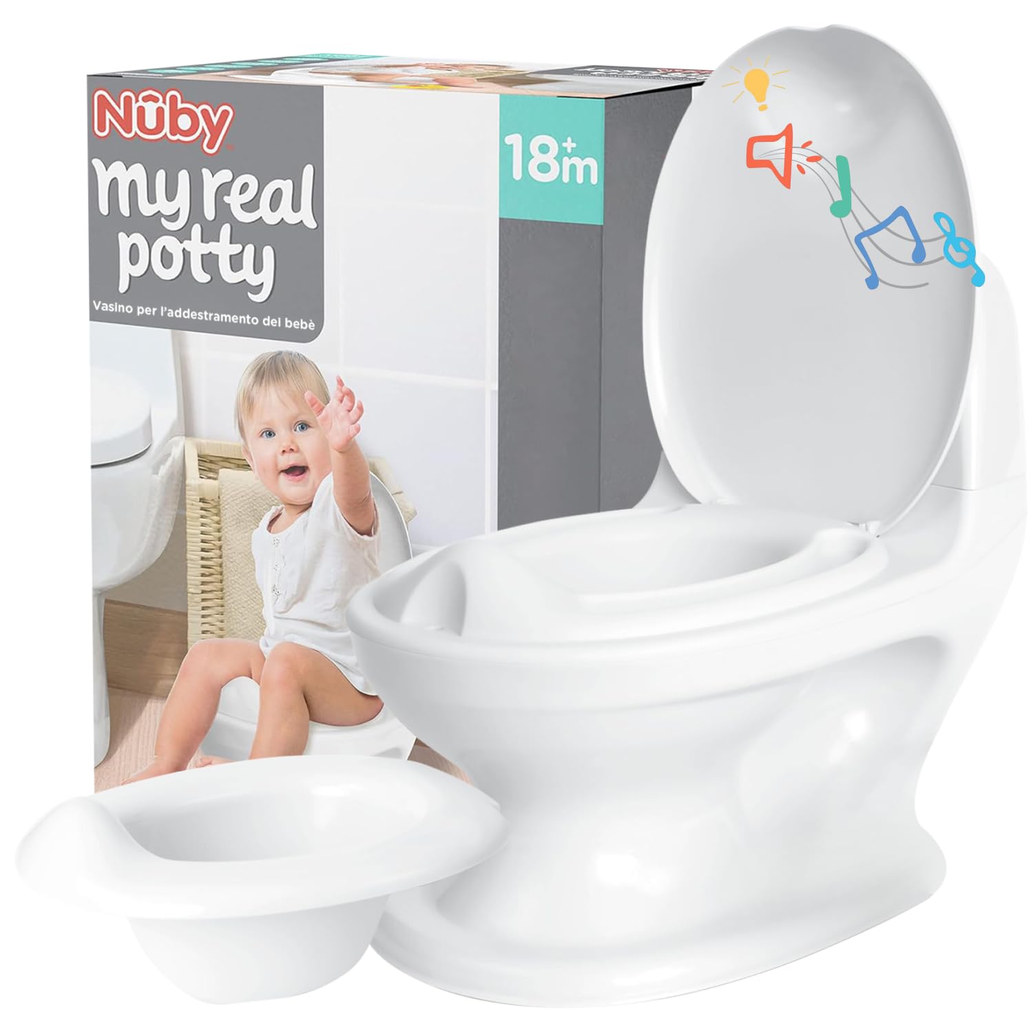 Nuby - My Real Potty - Vasino bambini per imparare a usare il wc - Vasino portatile con rumore di scarico, pile incluse - Wc portatile +18 mesi - Vasino portatile per bambini da viaggio - Bianco