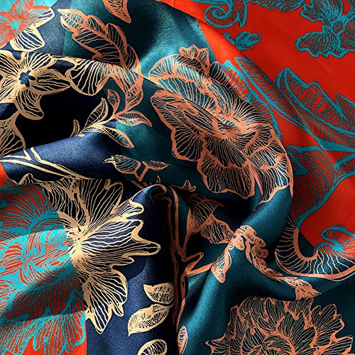 MEISEE Pure Natural Mulberry Silk Scarfs Women Small Square Scarf 21" x 21" Breathable Lightweight Neckerchief Printed Headscarf (Red + blue flowers)4