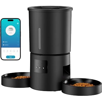 Automatic Cat Feeder 2 Bowls with App 5L Automatic Feeder with 2.4G WiFi Timer for Dry Food - AONBOY Double Bowl Design for Multi-Cat Households and Dogs - Black