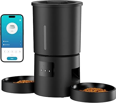 Distributore Automatico Cibo Gatti 2 Ciotole: 5L Distributore Automatico Cibo Cane con Timer WiFi 2.4G per Crocchette - Design Doppia Ciotola per Famiglie con Più Gatti & Cani - Nero