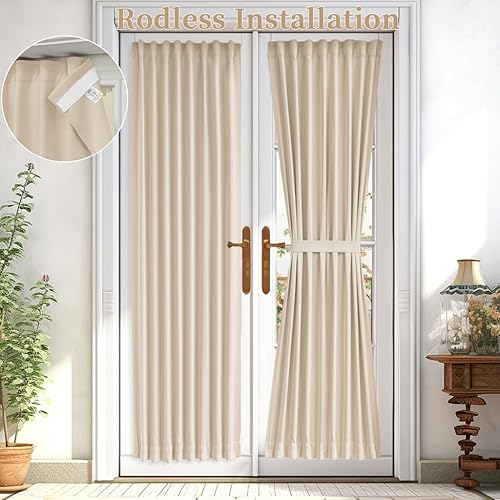 Cortina de puerta francesa se puede instalar incluso sin varillas. Cortinas de puerta para ventanas de cristal, 1 panel con alzapaños y cinta