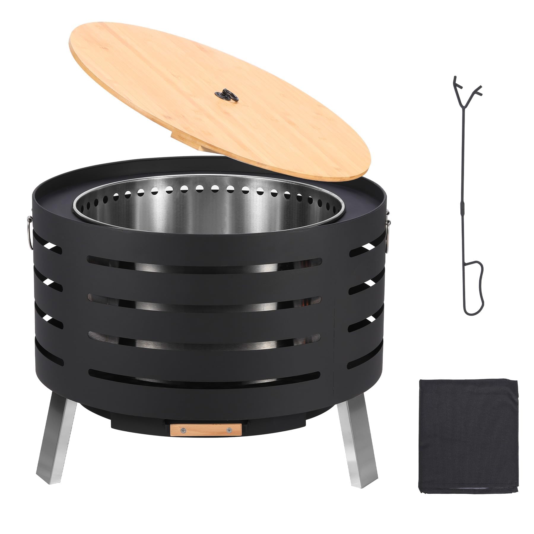 Feuerschale, Ø66cm Feuerkorb mit Funkenschutz, Groß Feuertonne für den Garten mit Schürhaken, Solide und Stabil, Holz & Kohle Feuerstelle inkl Abnehmbare Aschepfanne für Outdoor BBQ Heizung 66x66x50cm