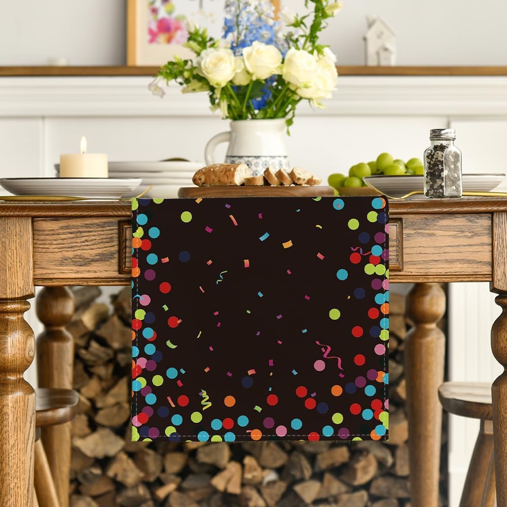 Artoid Mode Polka Dot Black Happy Birthday Table Runner, Seasonal Kitchen Dining Table Decoration for Home Party Decor 13x72 Inch