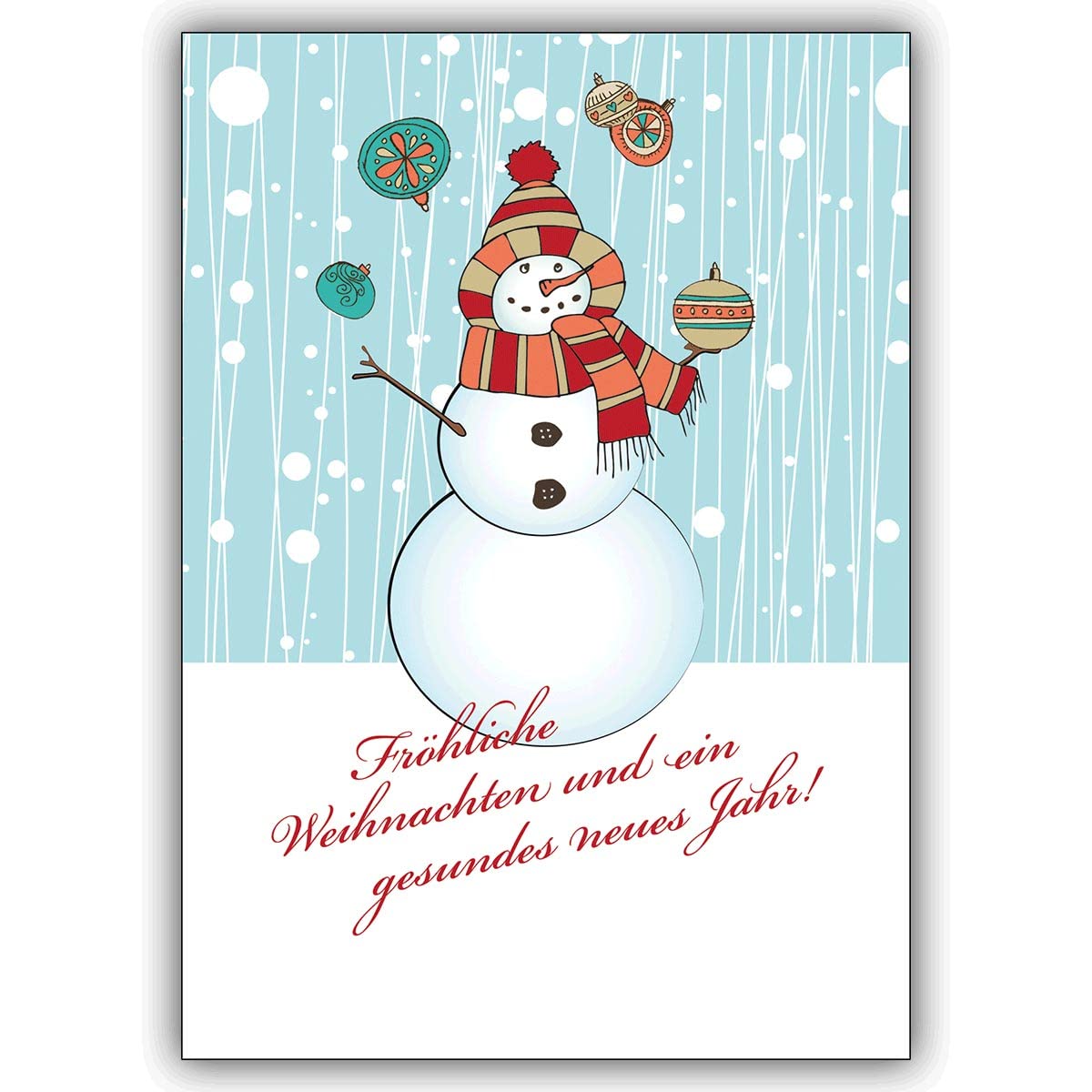 20er Set Fröhliche Weihnachtskarten mit Umschlag mit Weihnachtskugeln jonglierendem, Schneemann, mit ihrem Text (Var10): Fröhliche Weihnachten und ein gesundes neues Jahr!