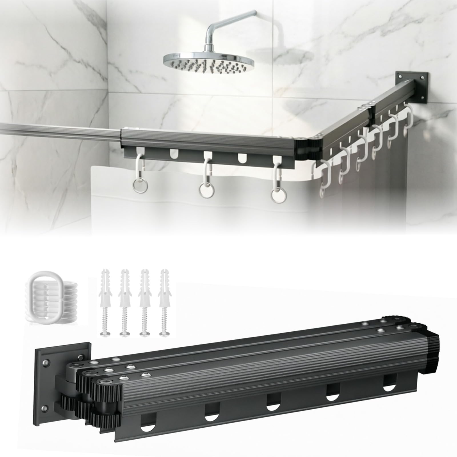 Cortina de ducha con barra, barra de cortina de ducha en forma de U con un taladro, barra de cortina de ducha plegable 360° con ventosa para forma de L y ducha esquinera, plegable y ahorra espacio (A)