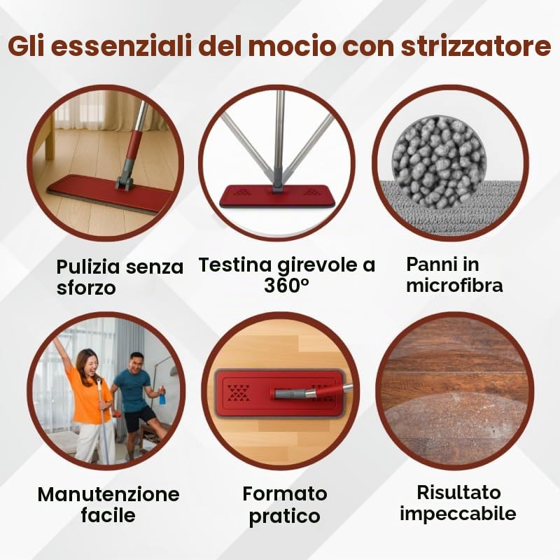 VENTEO Mocio extra large con testa girevole a 360°, secchio con doppia pulizia e centrifuga, 4 panni in microfibra lavabili, manico XL 130 cm con testa a sfera con clip