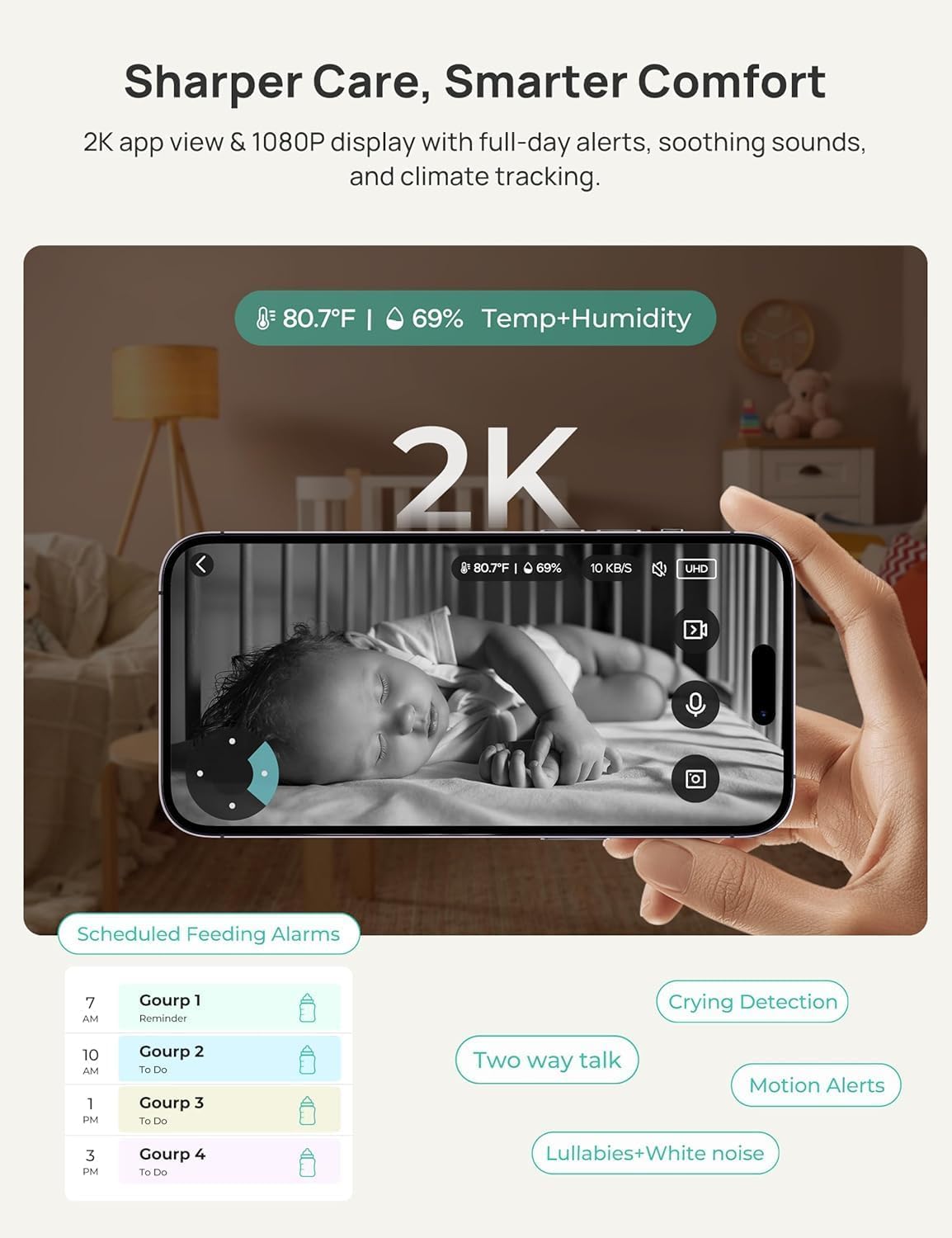 Dr.Care VistaView Smart WLAN Babyphone mit Kamera, 5” 1080P HD, 2K Kamera, App-Steuerung, Bewegungs- & Weinen-Alarm, Nachtsicht, 5000mAh, Zwei-Wege-Audio, 390m Reichweite