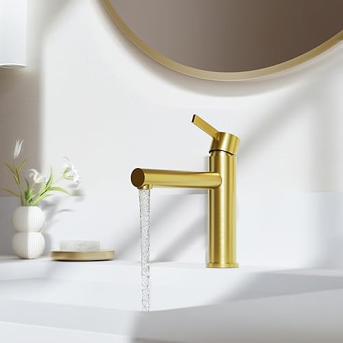 Miniatura 3 de Phiestina Grifo de baño de oro cepillado de un solo agujero, grifo de un solo mango montado en cubierta de arco bajo con aireador de detective, con