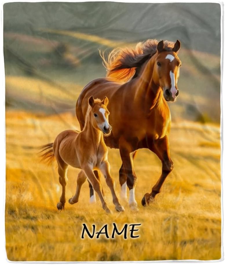 Personalized Horse Blanket for Girl Kid Women Horses Floral Flower for Daughter Niece Granddaughter Birthday Christmas Customized Bed Fleece Throw Blanket (50 x 60 in Youth Size)