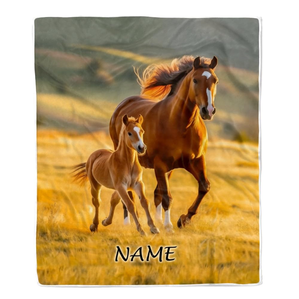 CenturyTee Personalized Running Horse Blanket Custom Name Equestrian Sport for Horse Boy Girl Men Women Birthday Christmas Customized Fleece Blanket (60 x 80 Inches - Adult Size) Multicolor 390 390