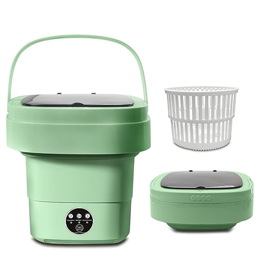 Portable Washing Machine, Foldable Personal Washer w/Integrated Drain Pipe and Spin Basket for Light Clothes, 3 Cleaning Modes, Blue Light Collapsible Laundry for Travel, RV, Baby Clothes