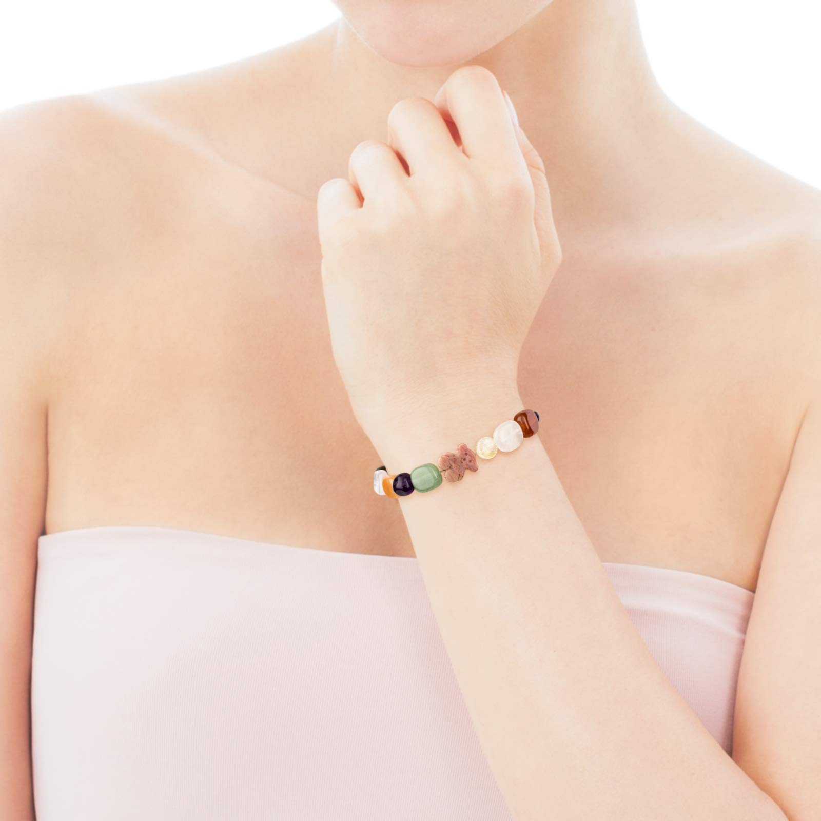 TOUS Damen Rhodonit Kugeln Elastisches Armband mit Sterling Silber Bär Muster, Länge 17cm, jung und frisch, Icon Color Kollektion