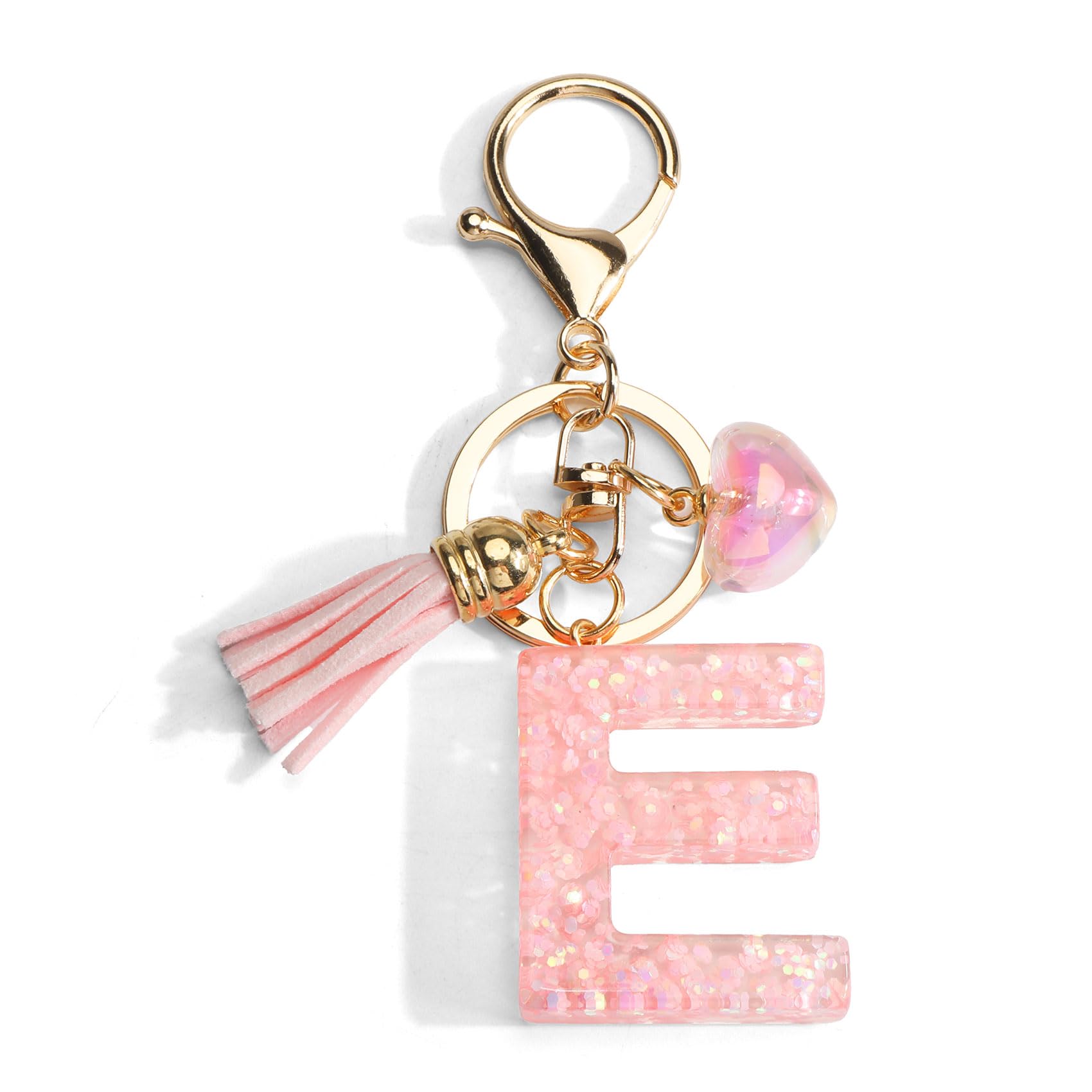 Gallkeat Schlüsselanhänger mit Buchstabe, Initialen Schlüsselanhänger mit Herz Anhänger, Rosa Quaste, Geschenke für Damen, Tasche Handtasche Reisedekoration