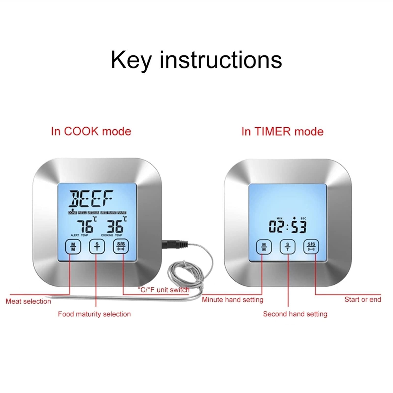 Termometro di cottura, termometro del barbecue del touch controllo con la sonda dell'acciaio inossidabile del supporto del magnete retroilluminato per il fumatore Grill Forno BBQ